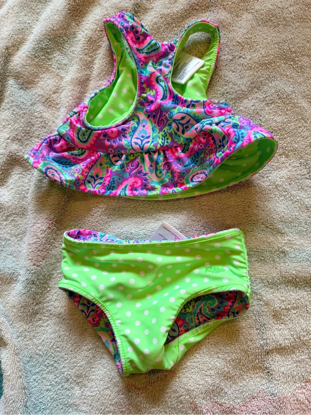 Ruffle Butts Pink & Green Paisley Girls' Two-Piece Swim Set